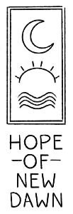 Logo of Hope of New Dawn, LLC, which includes the image of a crescent moon and a rising sun inside a rectangular box